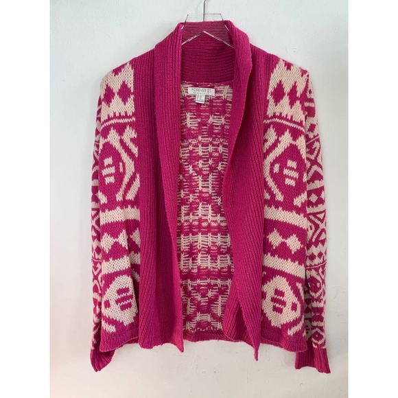 Forever 21 Pink + White Fair Isle Knit Cardigan Sweater — Women's XS X-Small EUC - Picture 2 of 15
